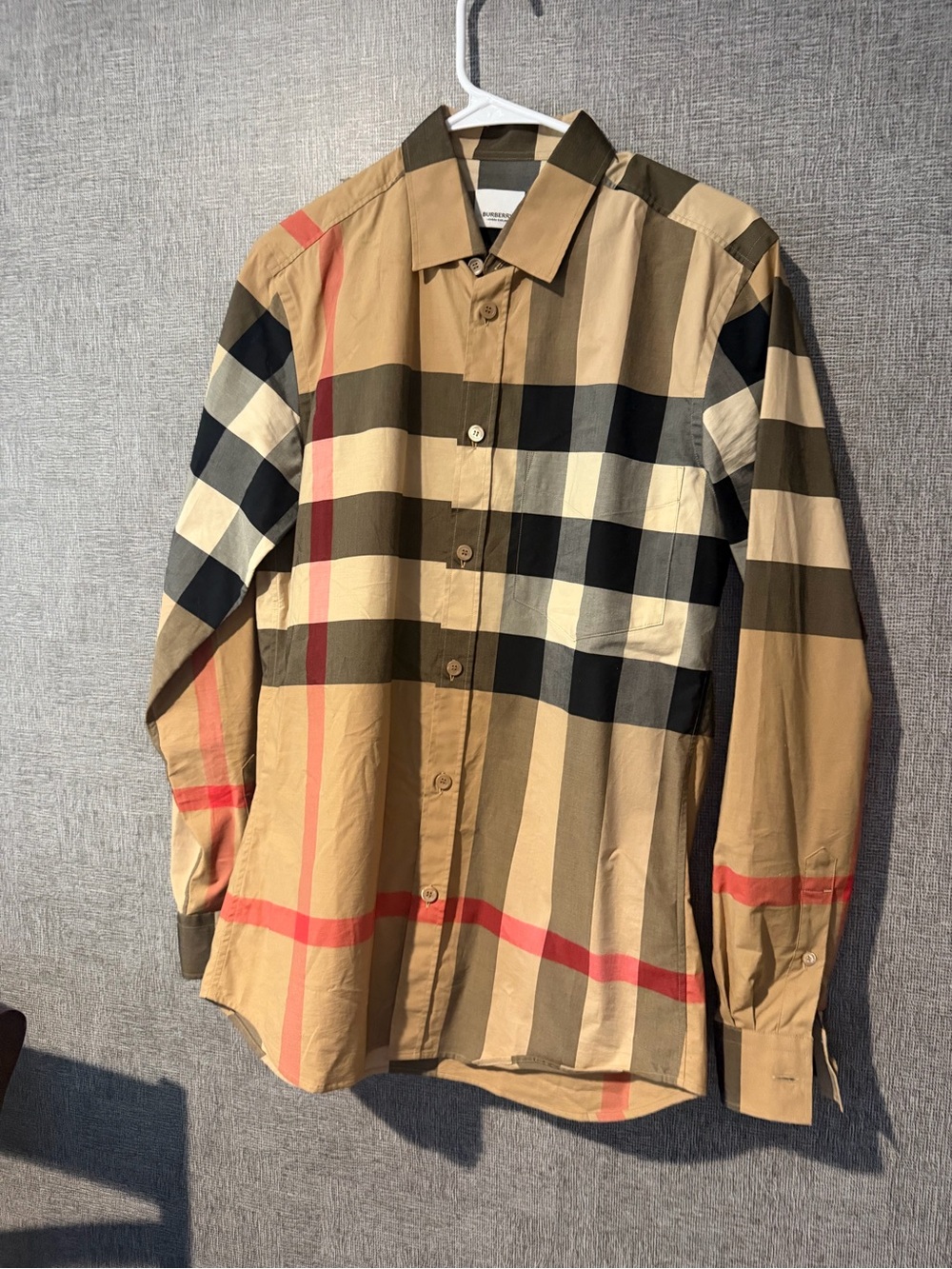 Burberry Beige and Black Signature Check Button-Up Shirt with Red Accents